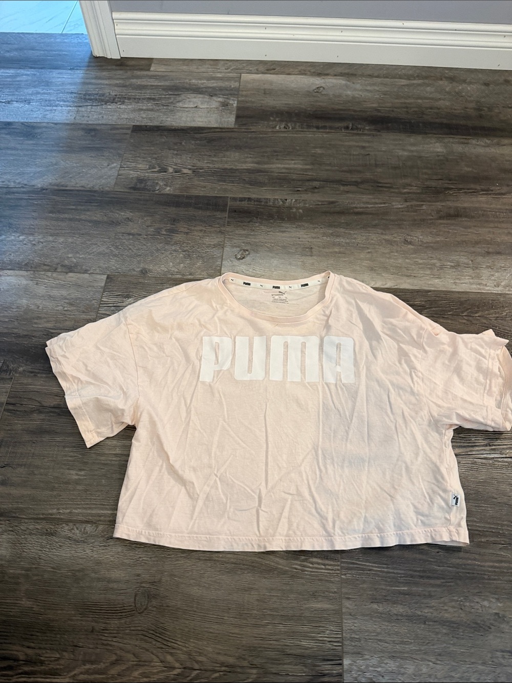 Puma Boxy Logo Tee in Pale Pink and White